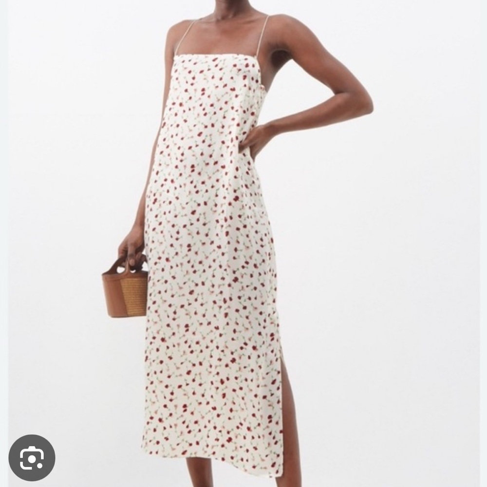 KHAITE Cream Slip Dress with Red Floral Print